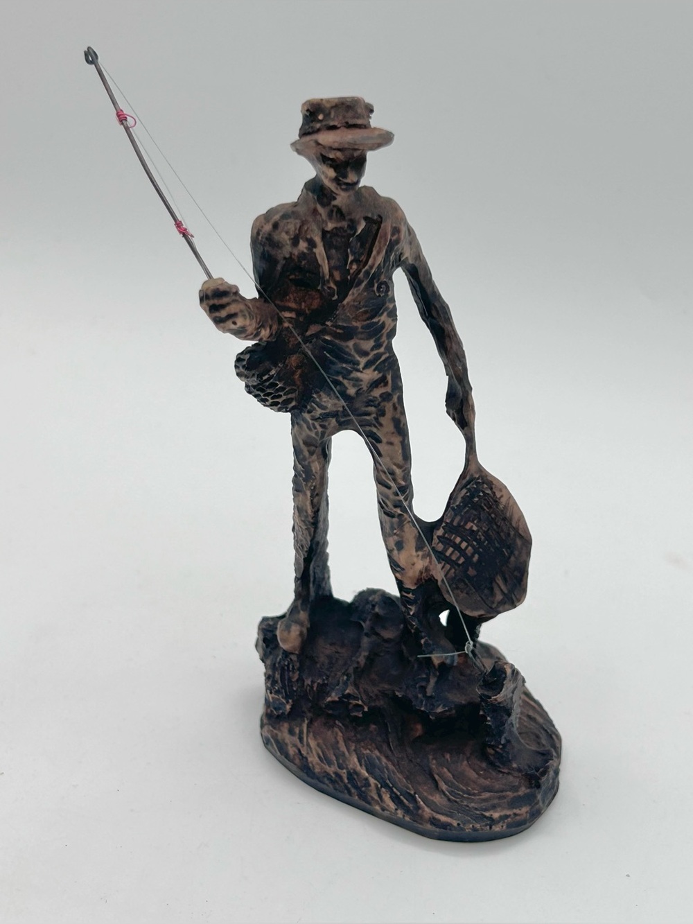 Vintage The Fisherman Pecan Shell Figurine Woodcast Collectibles USA 1986 Signed